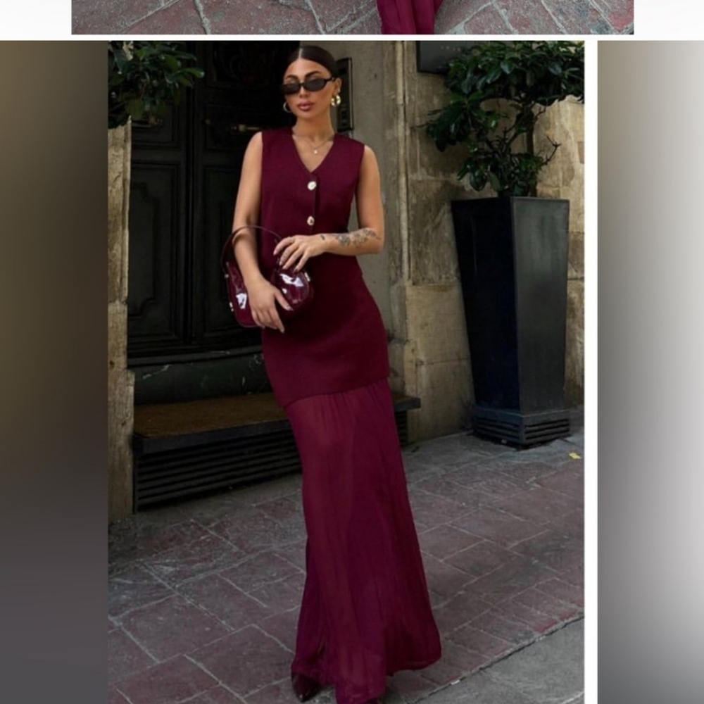 NWT ZARA MIXED PLEATED KNIT Elegant Burgundy Maxi SKIRT BLOGGERS FAV - Picture 7 of 15